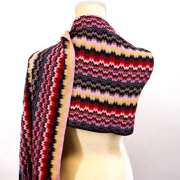 MISSONI Womens Zigzag Wool Blend Fringe Scarf Pink - Picture 3 of 6